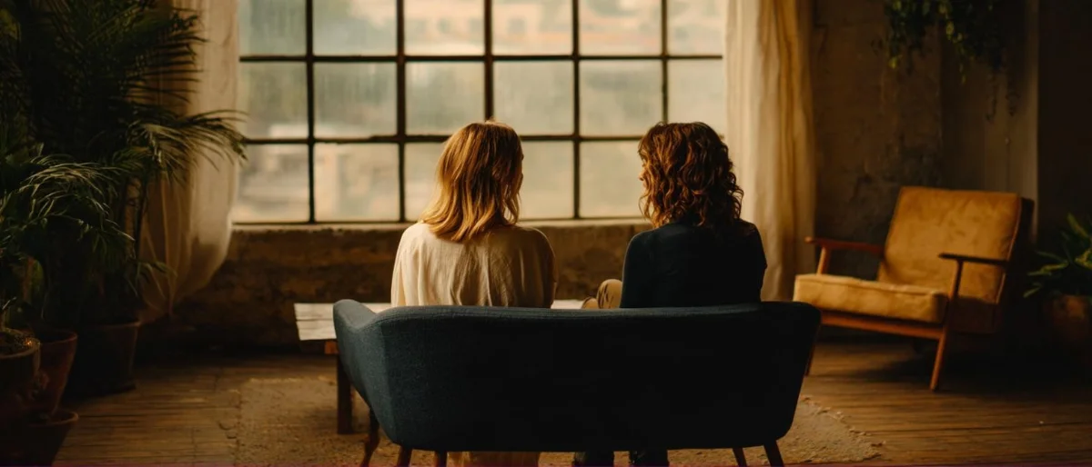 A couple sitting together in a bright room
