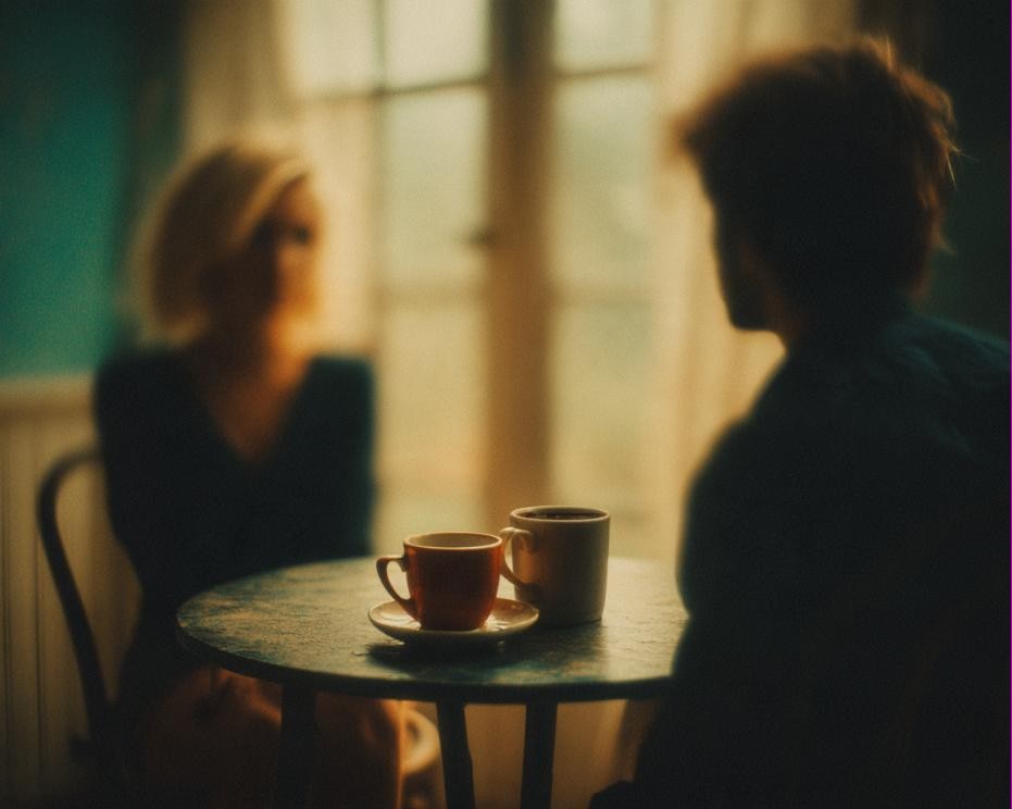 Two people at a small table by a window, cups between them, turned slightly away