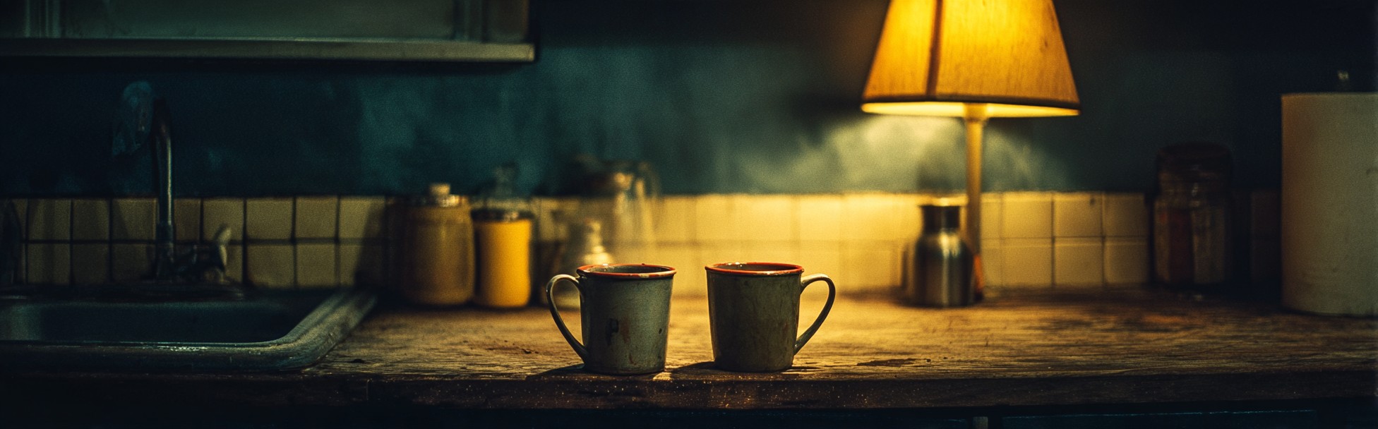 A kitchen counter after dinner — two mugs side by side under lamp light